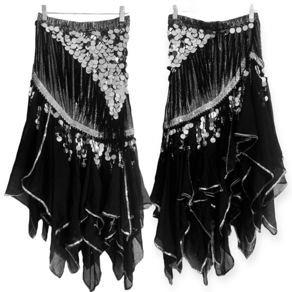 Assymetric Full Flounce Plisse Dance Midi Skirt Chiffon Faux Coins Gothic (M) - Picture 2 of 10